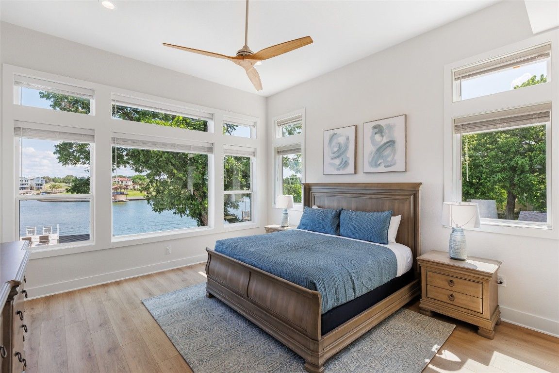 Bedroom, Interior, Recessed Lighting, Water, Wood Texture Flooring