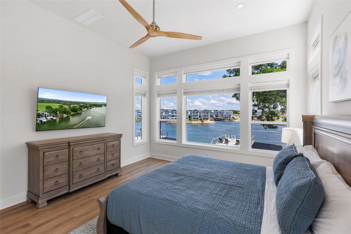 Bedroom, Interior, Recessed Lighting, Water, Wood Texture Flooring