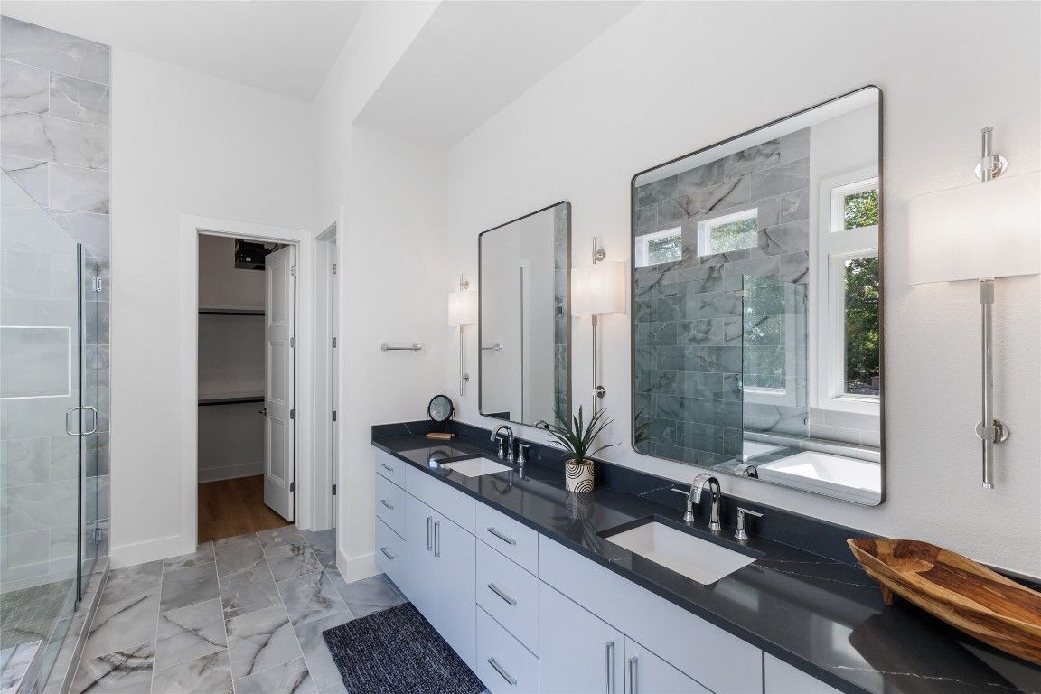 Bathroom, Dual Sink Vanities, Glass Shower, Interior, Marble, Marble Walls