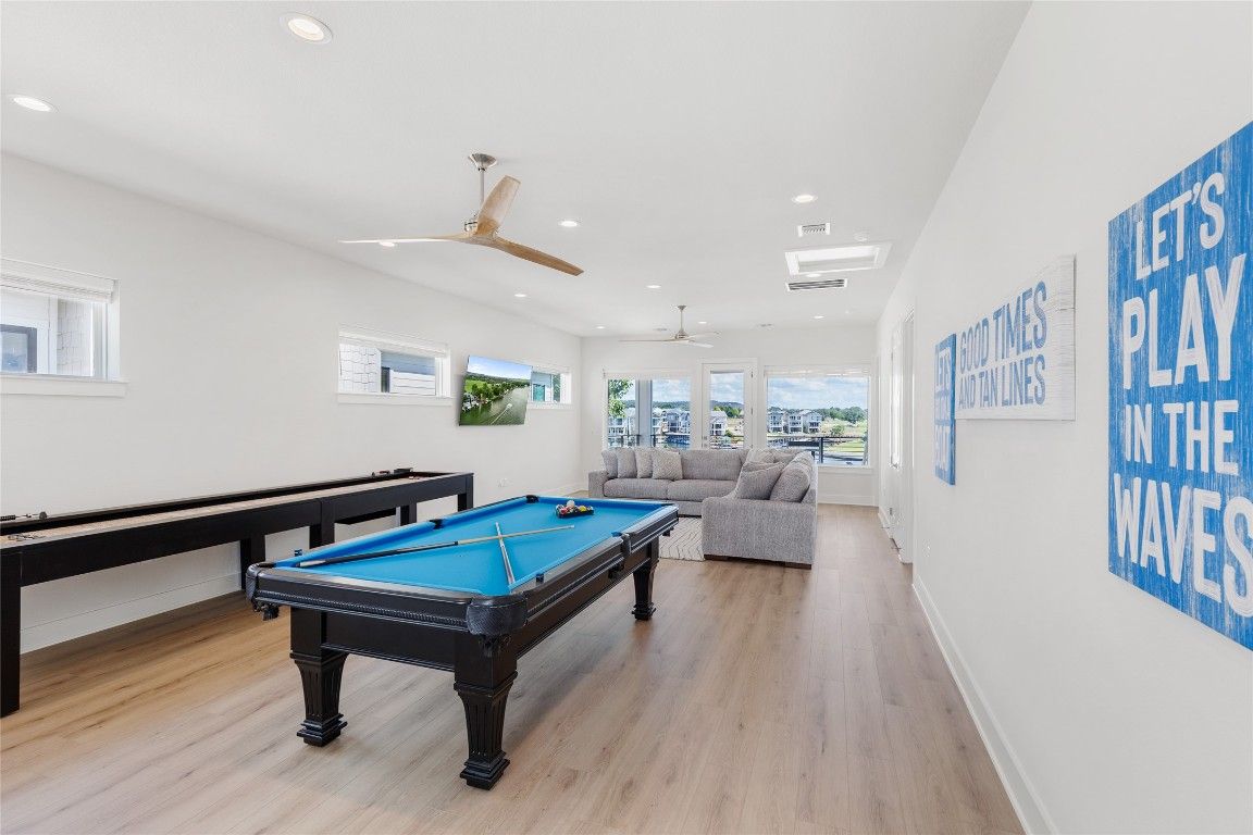 Billiard Table, Game Room, Interior, Recessed Lighting, Wood Texture Flooring