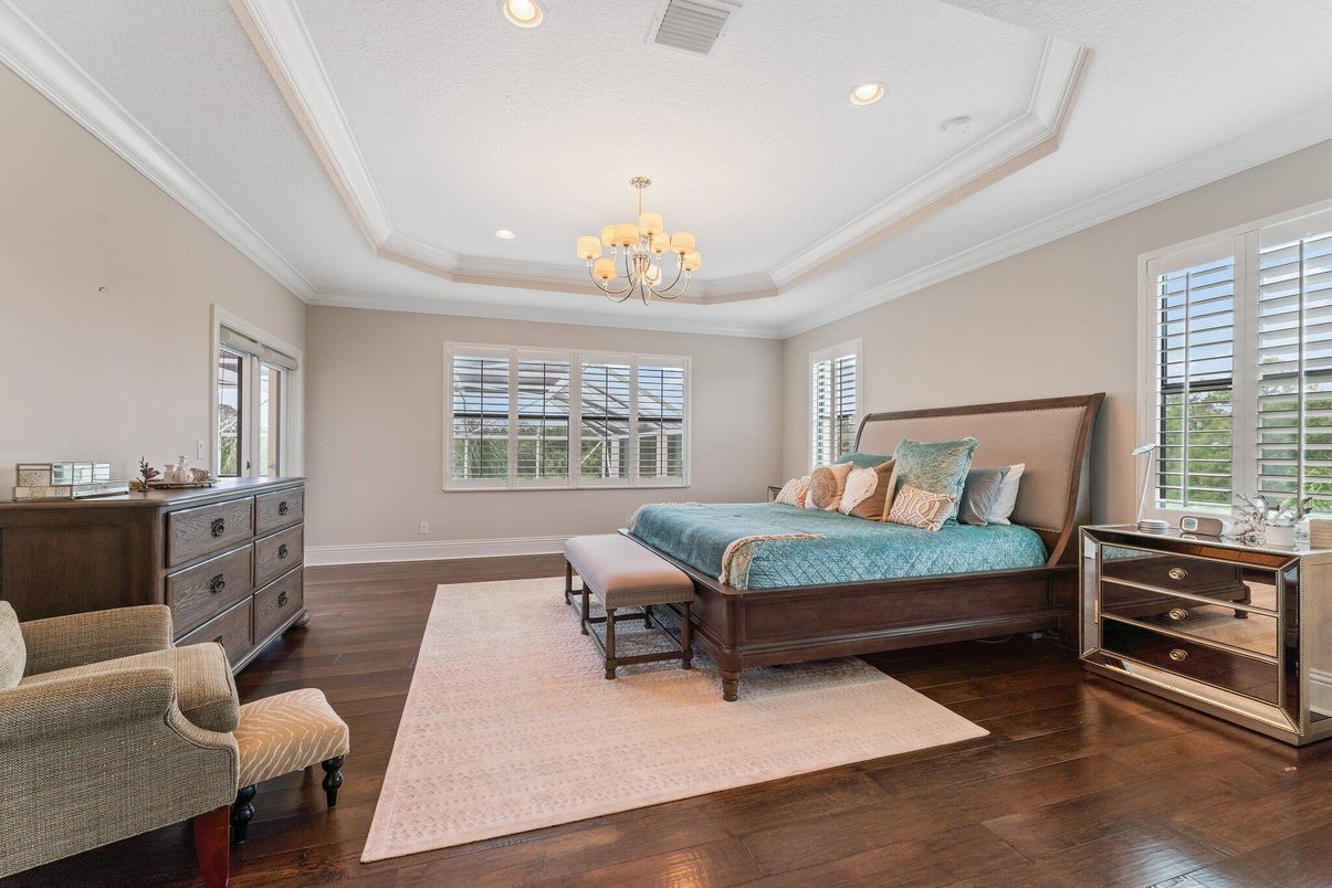 Bedroom, Chandelier, Interior, Recessed Lighting, Wood Texture Flooring