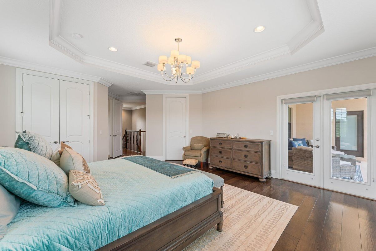 Bedroom, Chandelier, Interior, Recessed Lighting, Wood Texture Flooring