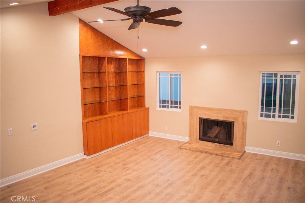 Empty room, Fireplace, Interior, Recessed Lighting, Wood Texture Flooring