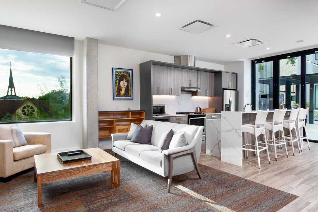 Interior, Kitchen, Living room, Recessed Lighting, Stainless Steel Appliances, Wood Texture Flooring
