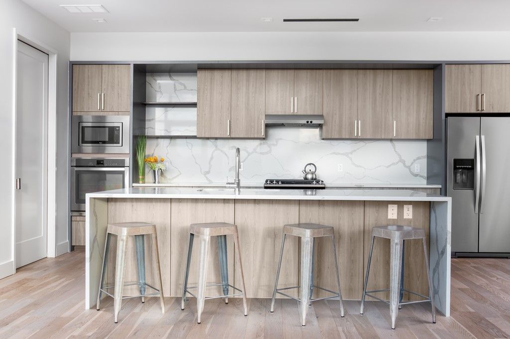 Interior, Kitchen, Marble Walls, Stainless Steel Appliances, Wood Texture Flooring