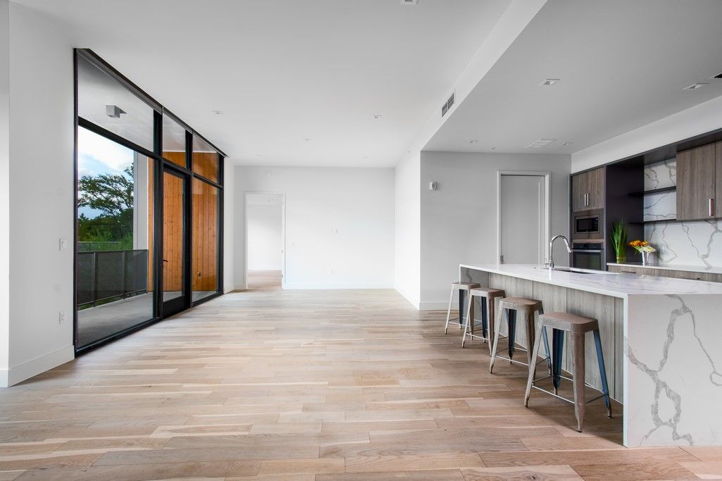 Interior, Kitchen, Marble Walls, Recessed Lighting, Wood Texture Flooring