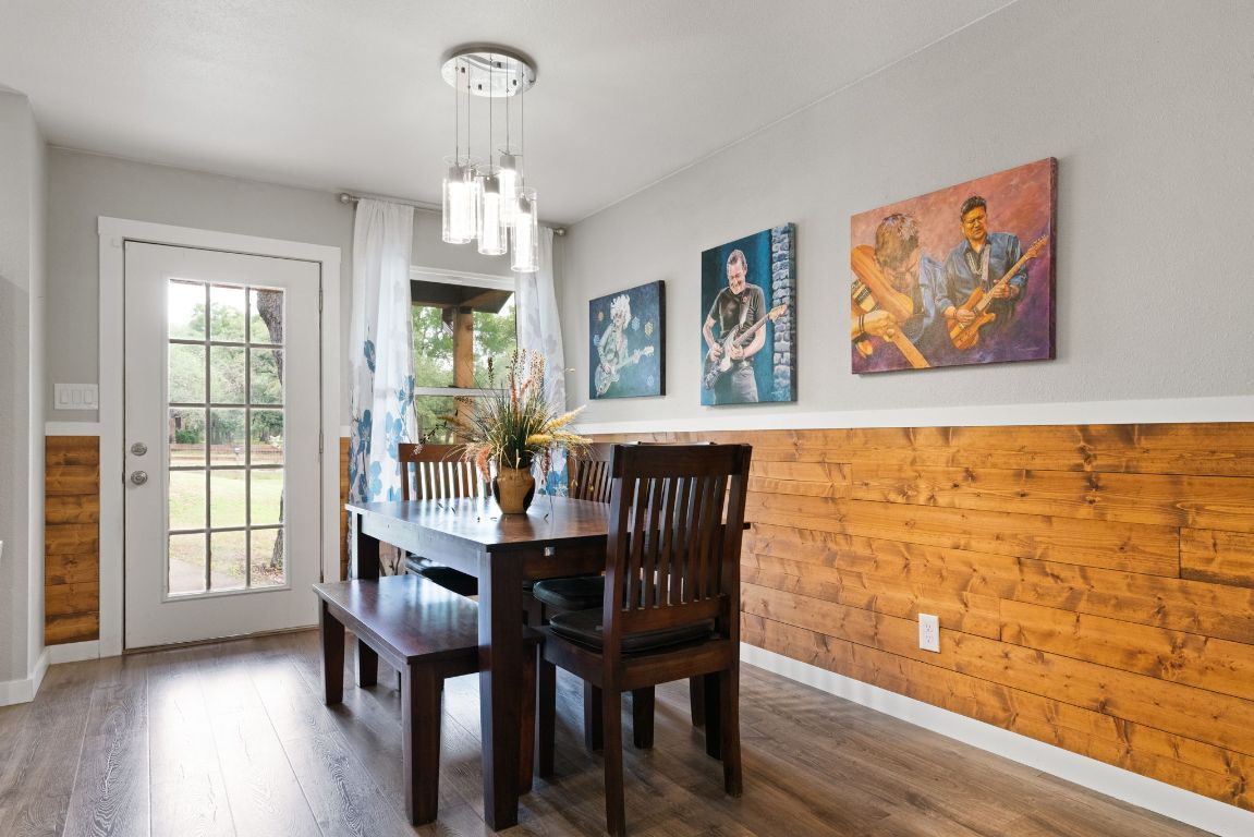 Dining room, Interior, Pendant Lights, Wood Texture Flooring, Wooden Walls