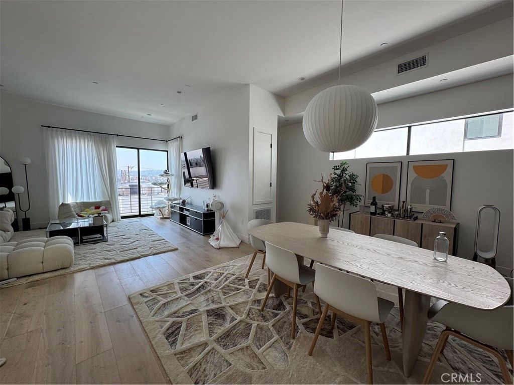 Dining room, Interior, Living room, Pendant Lights, Wood Texture Flooring