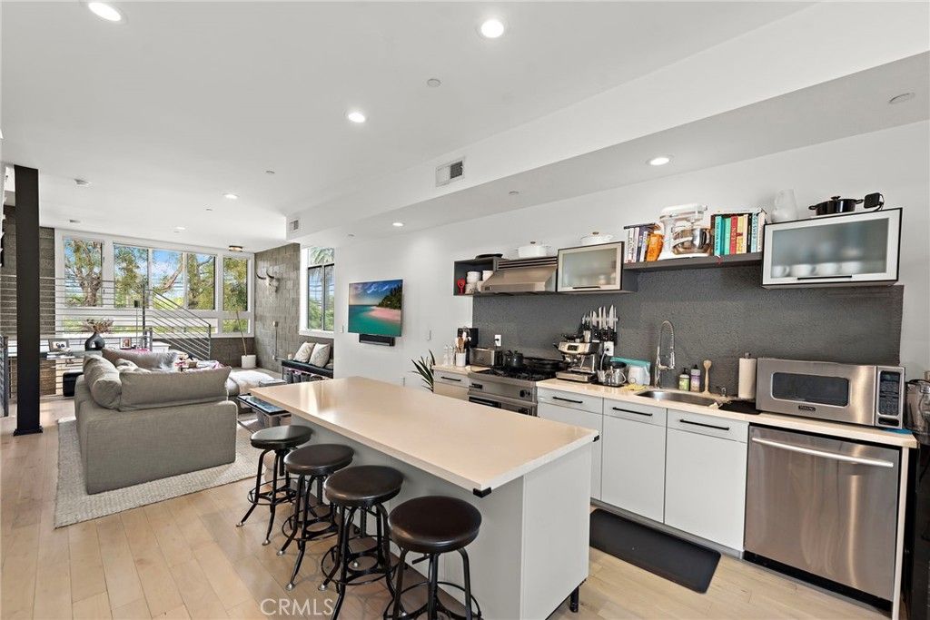 Interior, Kitchen, Living room, Recessed Lighting, Stainless Steel Appliances, Wood Texture Flooring