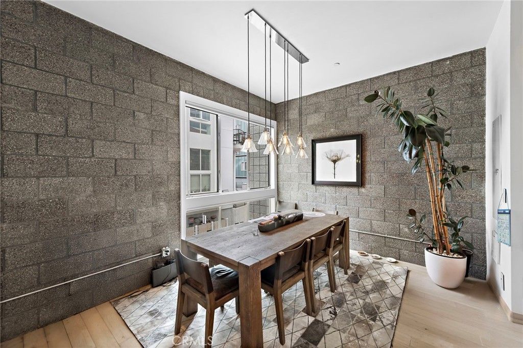 Dining room, Interior, Pendant Lights, Stone Walls, Wood Texture Flooring