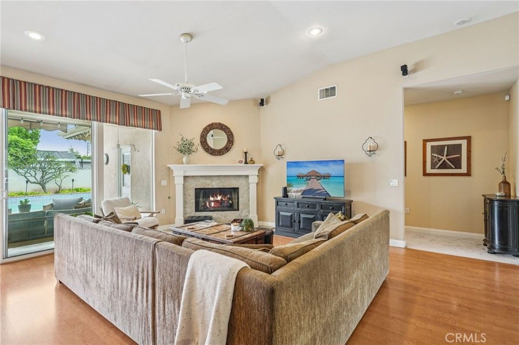 Fireplace, Interior, Living room, Recessed Lighting, Wood Texture Flooring