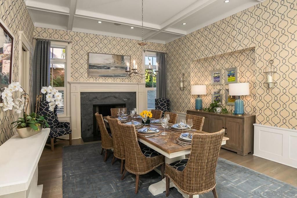 Dining room, Fireplace, Interior, Pendant Lights, Recessed Lighting, Wood Texture Flooring