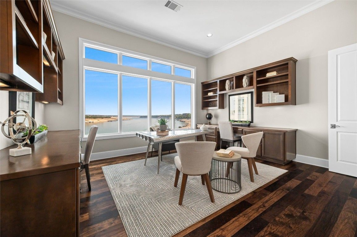 Home Office, Interior, Recessed Lighting, Water, Wood Texture Flooring