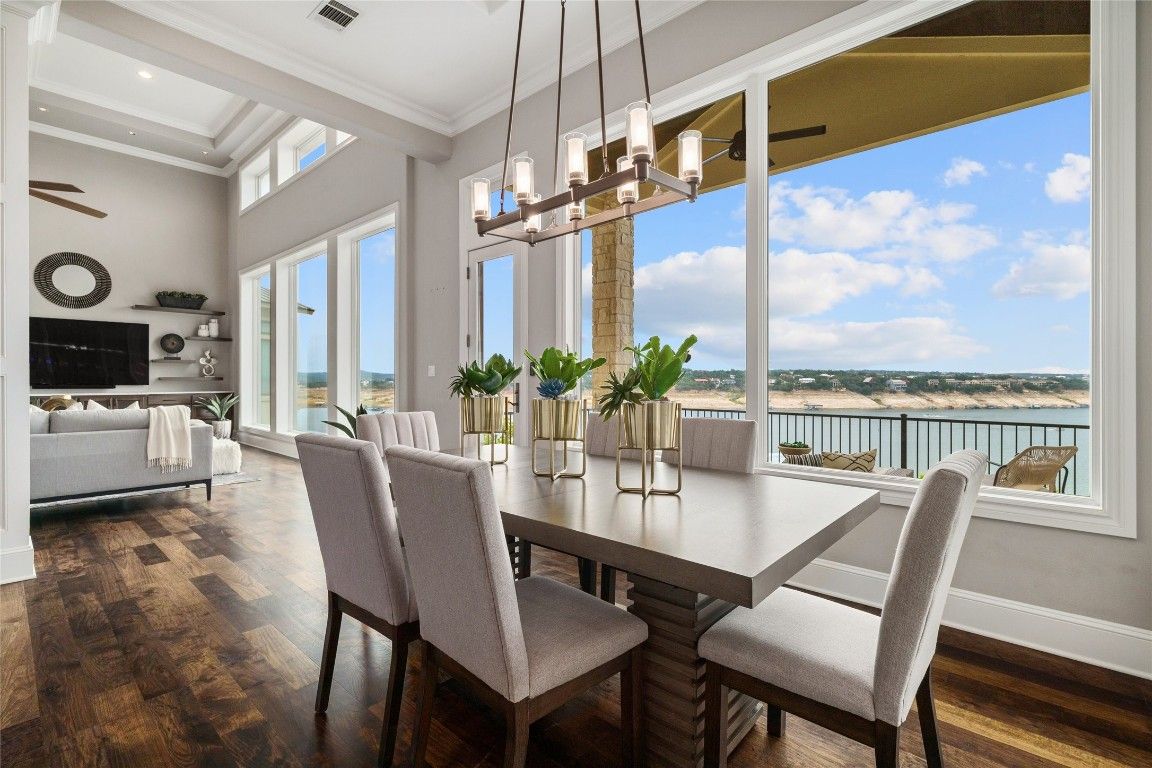 Dining room, Interior, Living room, Pendant Lights, Recessed Lighting, Water, Wood Texture Flooring