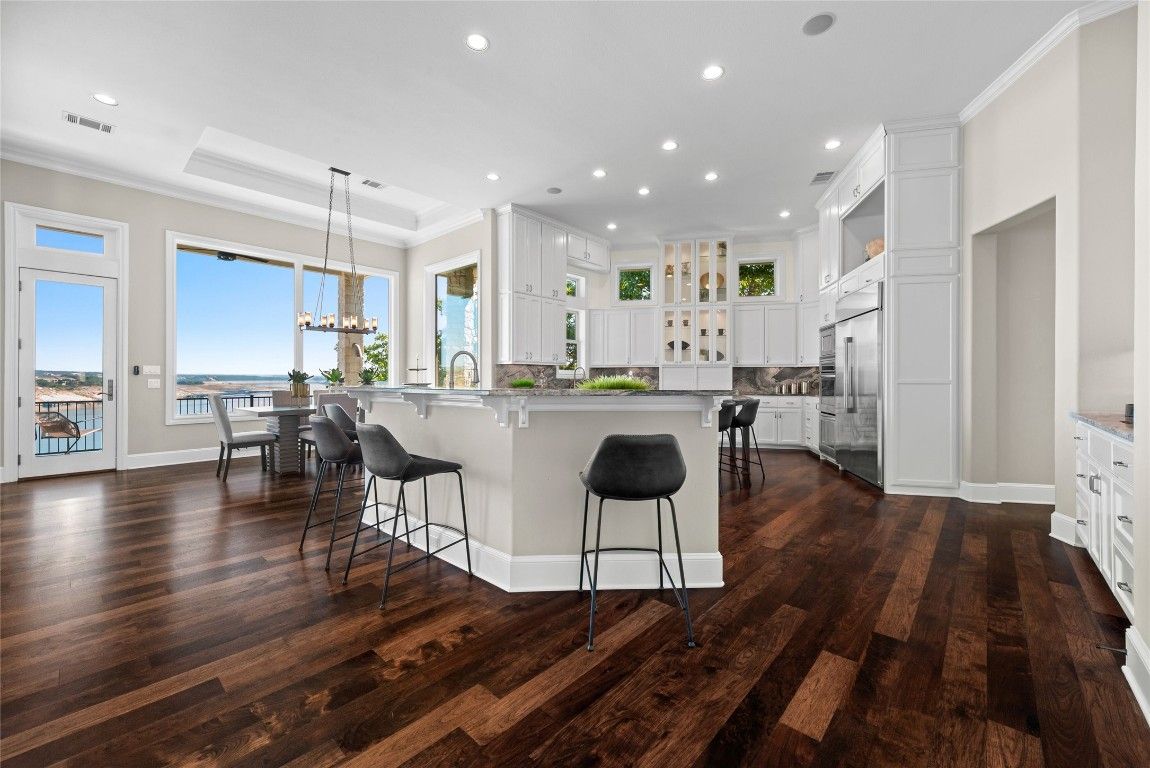 Chandelier, Dining room, Interior, Kitchen, Pendant Lights, Recessed Lighting, Water, Wood Texture Flooring