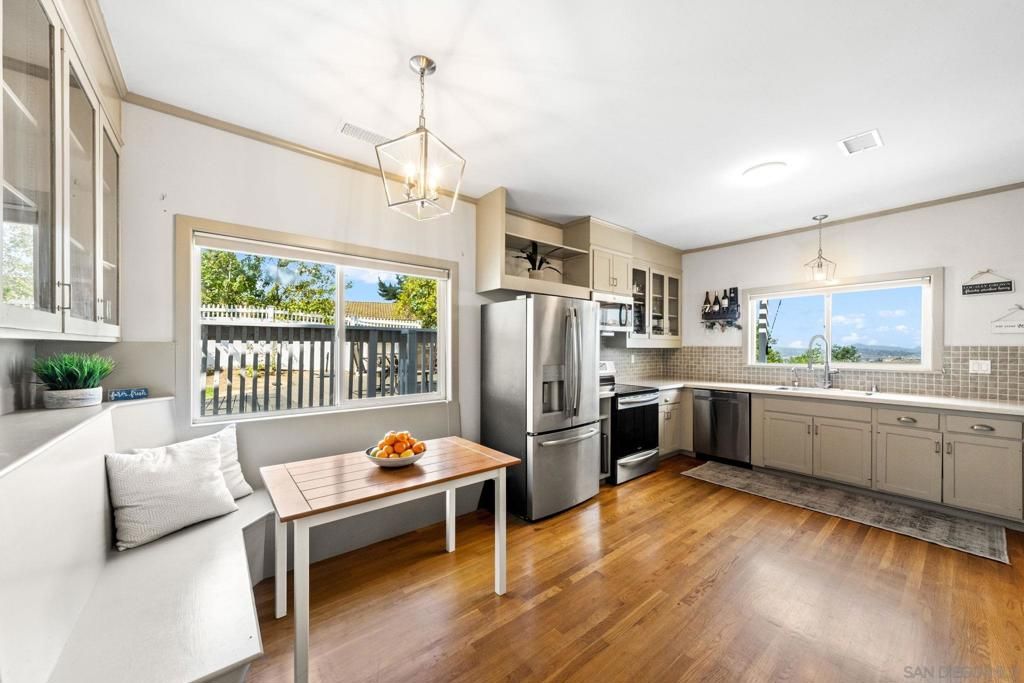 Interior, Kitchen, Pendant Lights, Stainless Steel Appliances, Wood Texture Flooring