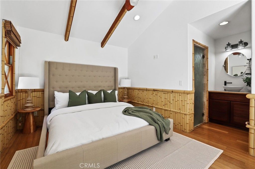 Bedroom, Interior, Recessed Lighting, Wooden Beams, Wood Texture Flooring