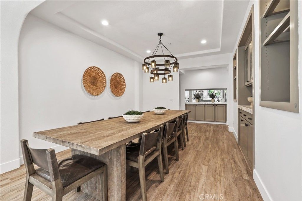Dining room, Interior, Pendant Lights, Recessed Lighting, Wood Texture Flooring