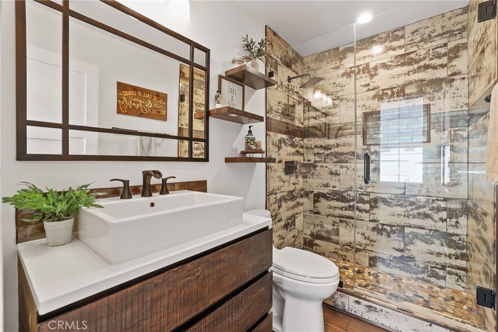 Bathroom, Glass Shower, Interior, Recessed Lighting, Wood Texture Flooring