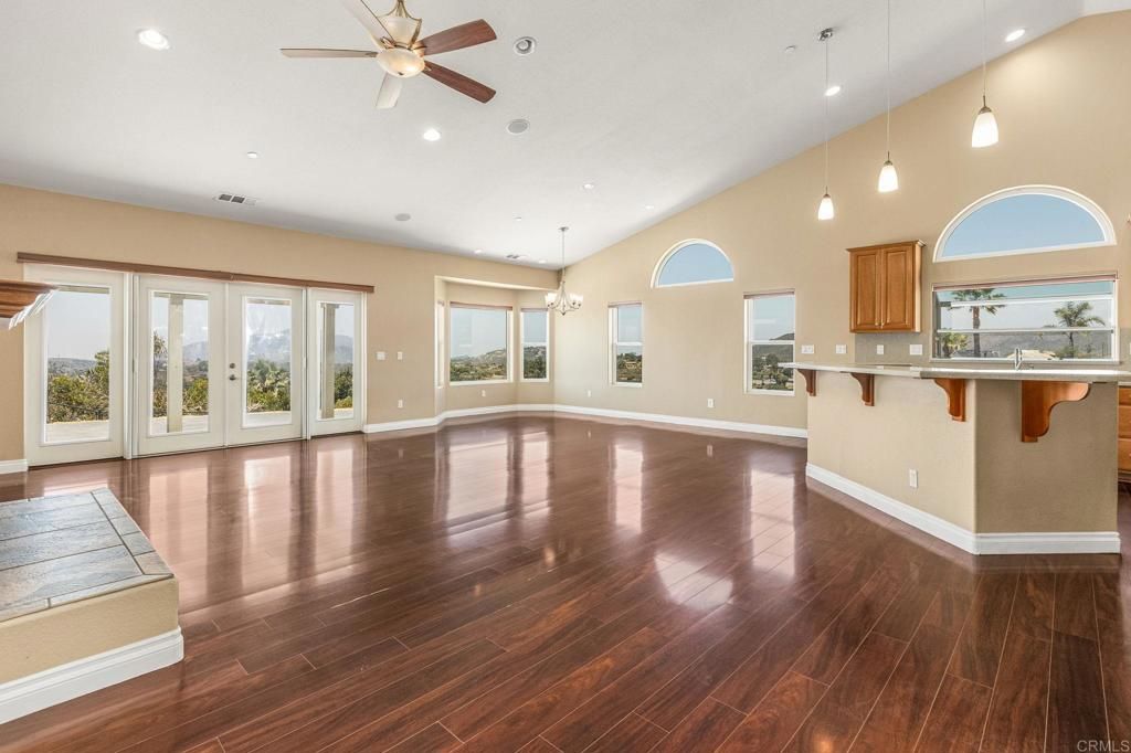 Empty room, Interior, Kitchen, Pendant Lights, Recessed Lighting, Wood Texture Flooring