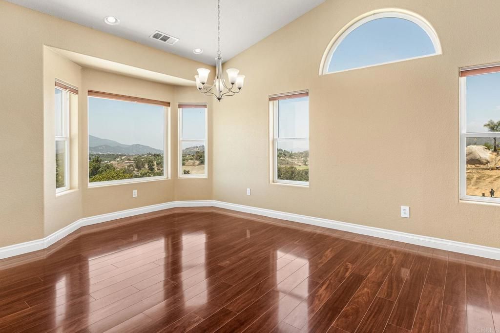 Chandelier, Empty room, Interior, Recessed Lighting, Wood Texture Flooring