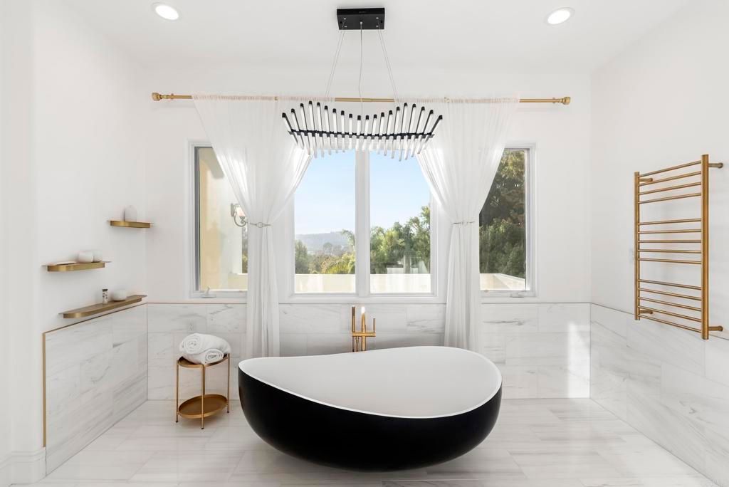 Bathroom, Free Standing Baths, Interior, Marble, Marble Walls, Pendant Lights, Recessed Lighting
