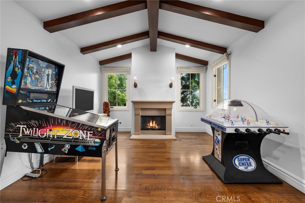 Fireplace, Game Room, Interior, Recessed Lighting, Wooden Beams, Wood Texture Flooring