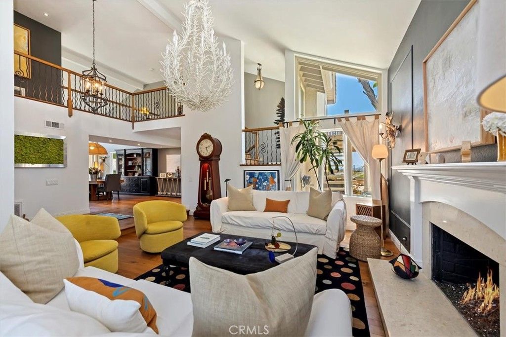 Chandelier, Fireplace, Interior, Living room, Recessed Lighting, Wood Texture Flooring