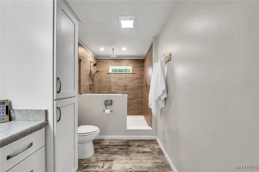Bathroom, Interior, Recessed Lighting, Wood Texture Flooring, Wooden Walls