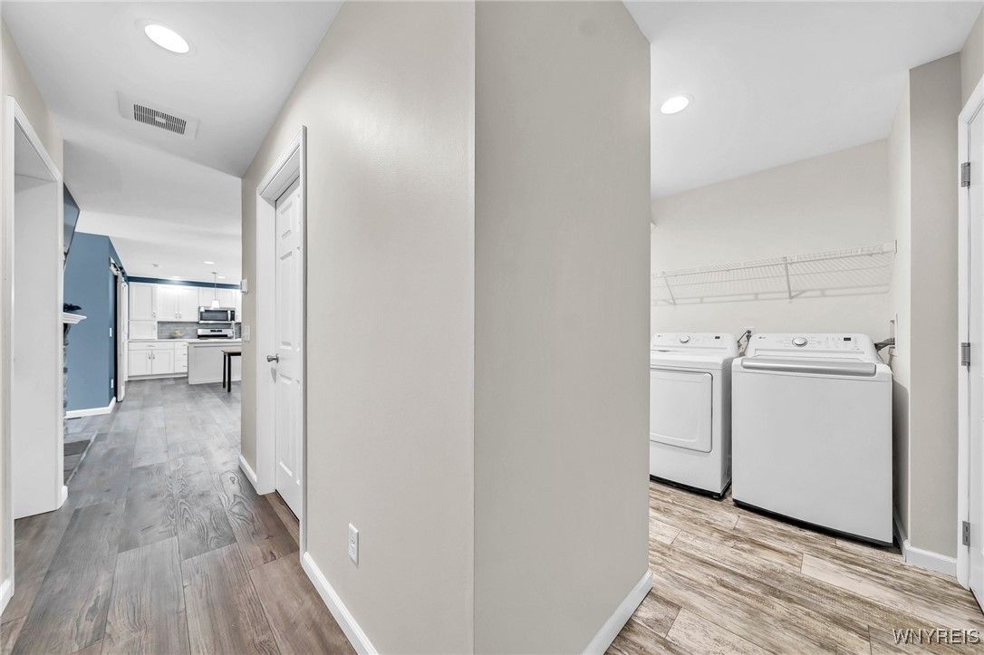Interior, Kitchen, Recessed Lighting, Utility Closets, Washer, Wood Texture Flooring