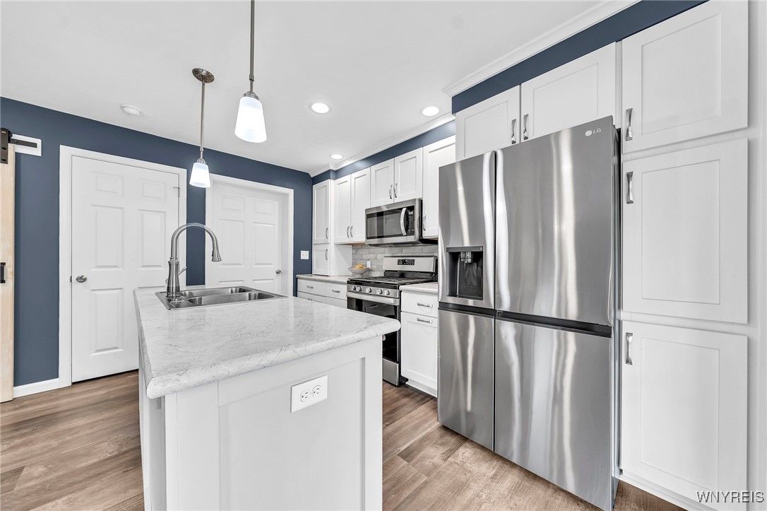 Interior, Kitchen, Pendant Lights, Recessed Lighting, Stainless Steel Appliances, Wood Texture Flooring