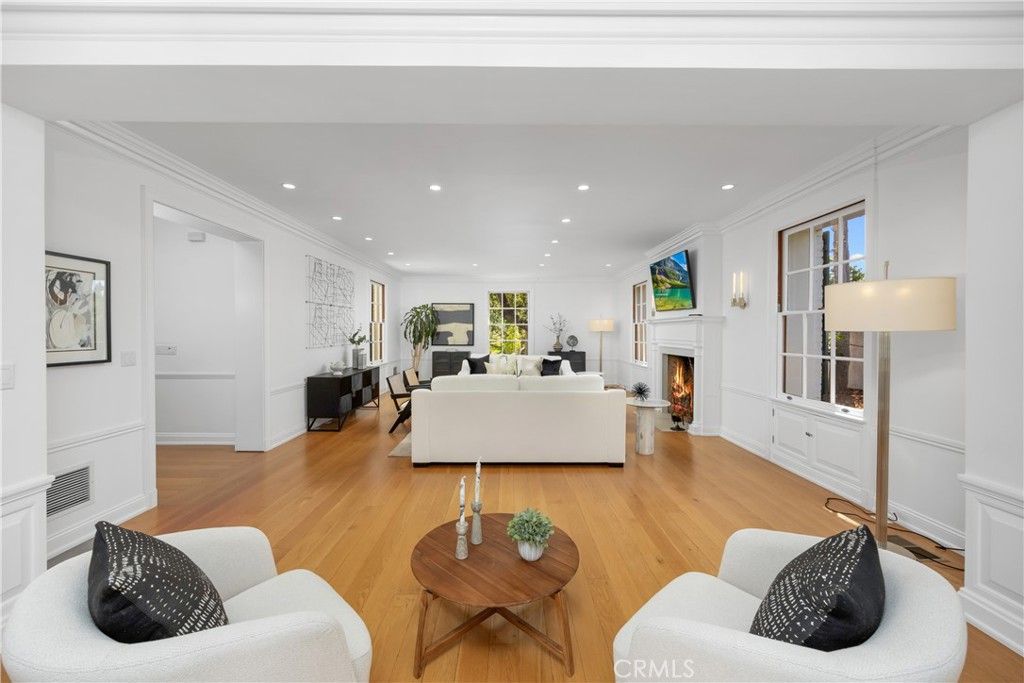 Dining room, Fireplace, Interior, Living room, Recessed Lighting, Wood Texture Flooring