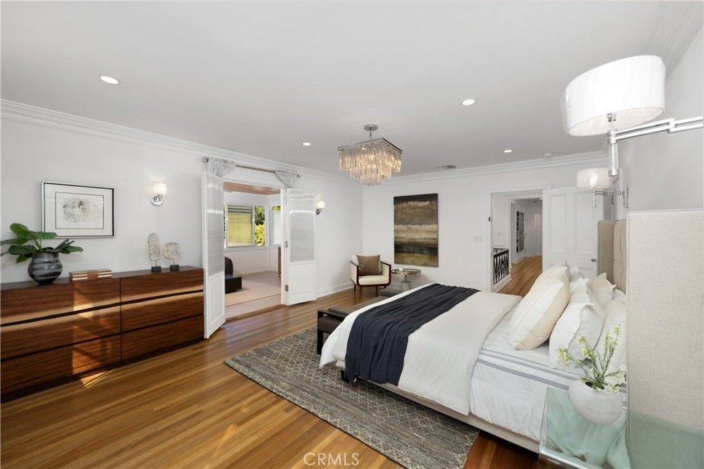 Bedroom, Chandelier, Interior, Recessed Lighting, Wood Texture Flooring