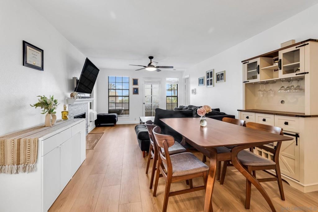 Dining room, Fireplace, Interior, Wood Texture Flooring