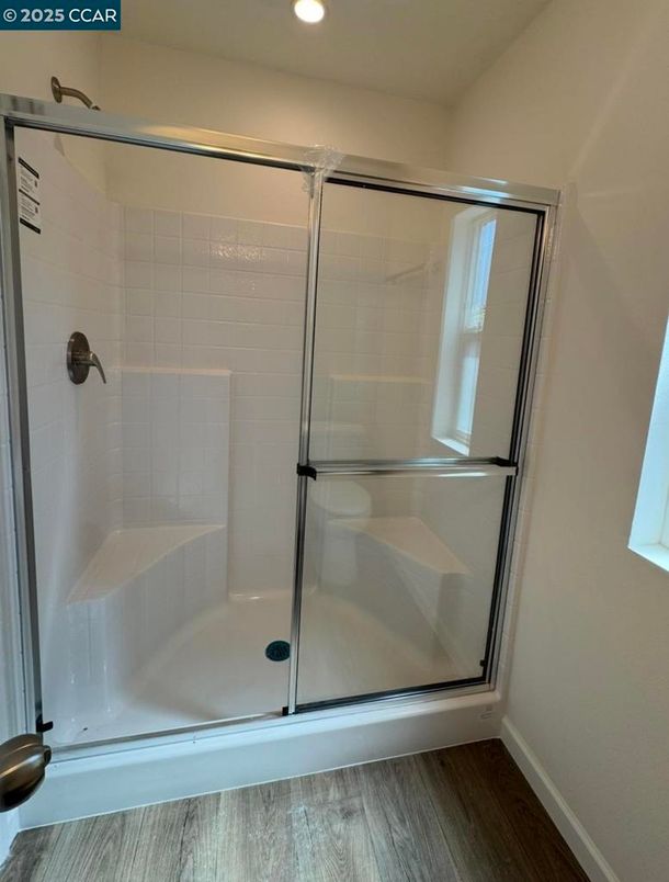 Bathroom, Glass Shower, Interior, Recessed Lighting, Wood Texture Flooring