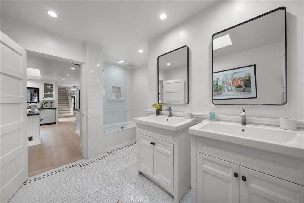 Bathroom, Dual Sink Vanities, Interior, Recessed Lighting, Wood Texture Flooring