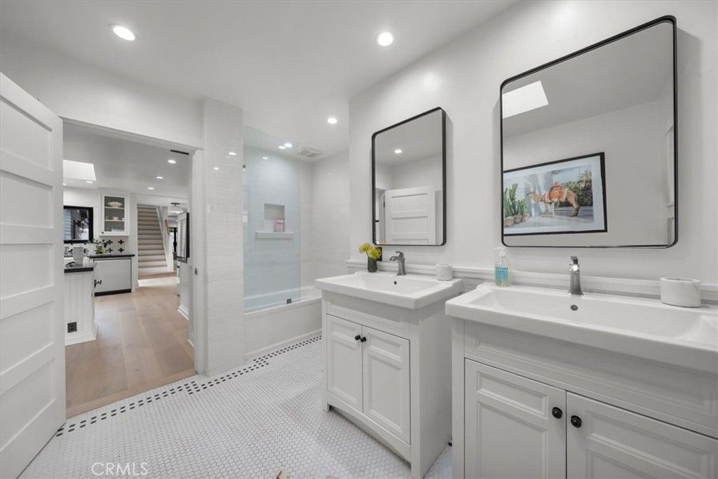 Bathroom, Dual Sink Vanities, Interior, Recessed Lighting, Wood Texture Flooring