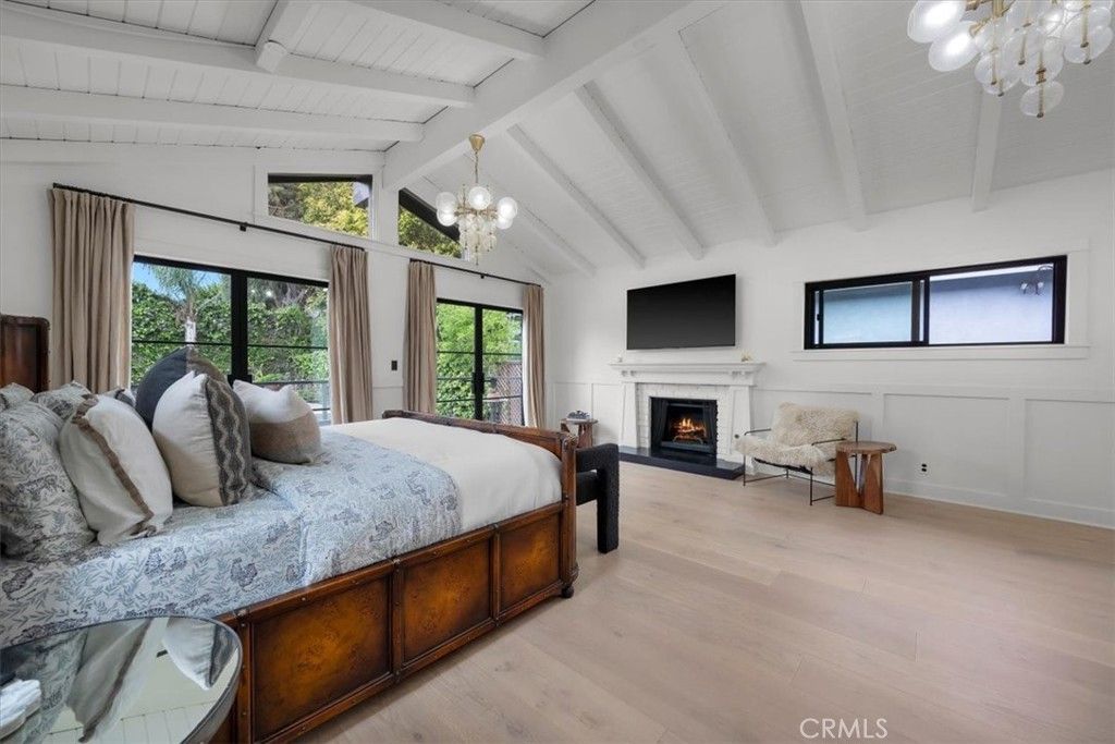 Bedroom, Chandelier, Fireplace, Interior, Wood Texture Flooring