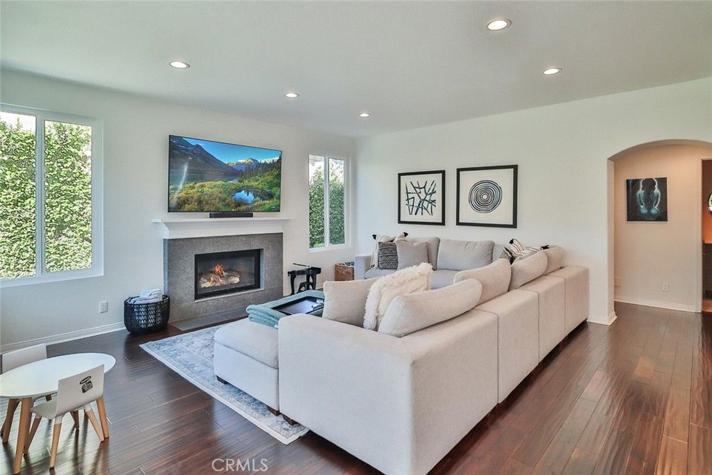 Fireplace, Interior, Living room, Recessed Lighting, Wood Texture Flooring