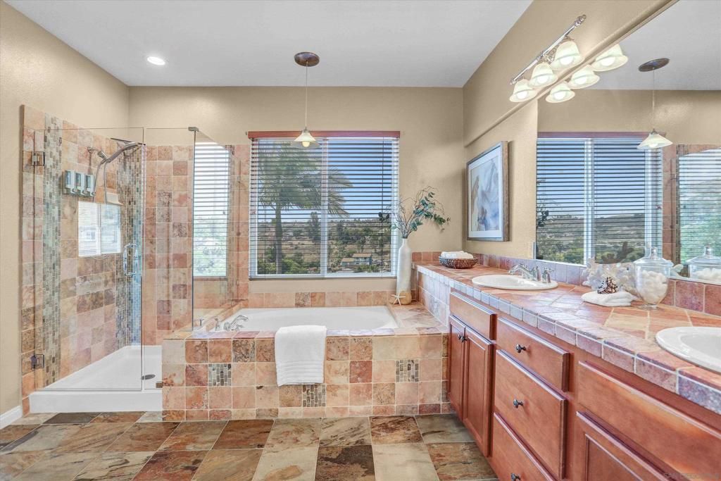 Bathroom, Glass Shower, Interior, Pendant Lights, Recessed Lighting, Tile Countertops