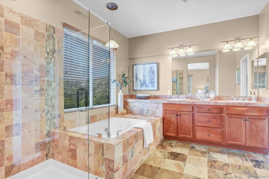 Bathroom, Dual Sink Vanities, Glass Shower, Interior, Pendant Lights