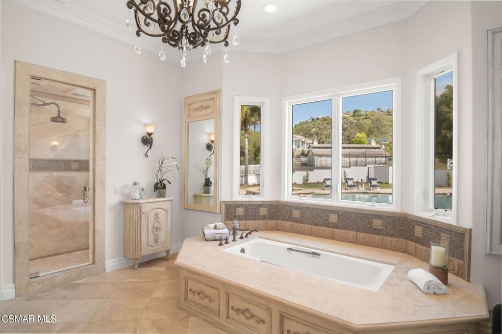 Bathroom, Chandelier, Glass Shower, Interior, Recessed Lighting