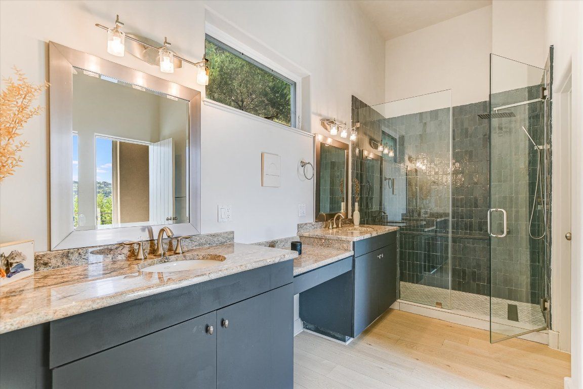 Bathroom, Dual Sink Vanities, Glass Shower, Interior, Wood Texture Flooring