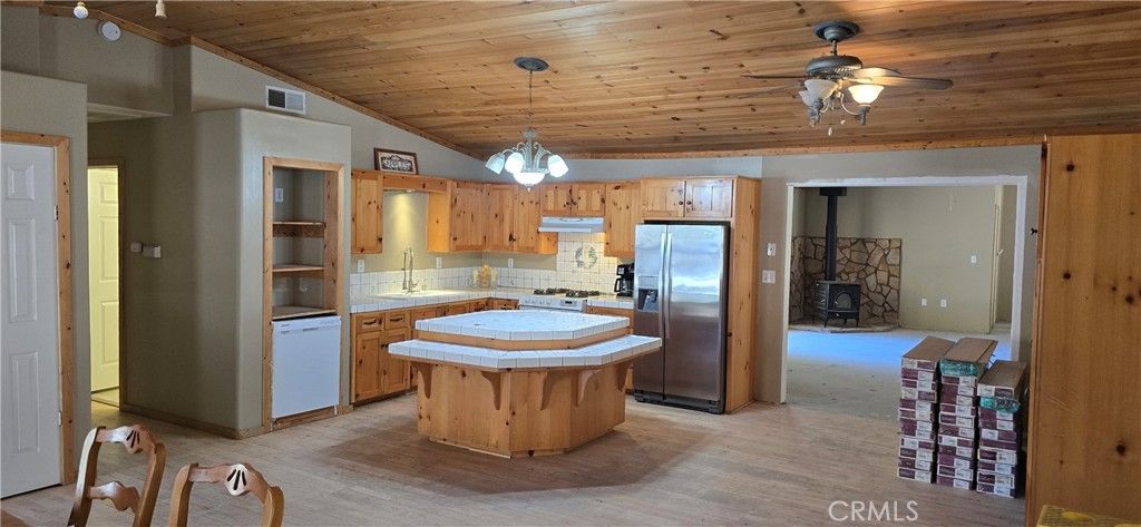 Interior, Kitchen, Pendant Lights, Stainless Steel Appliances, Tile Countertops, Wooden Ceilings, Wood Texture Flooring