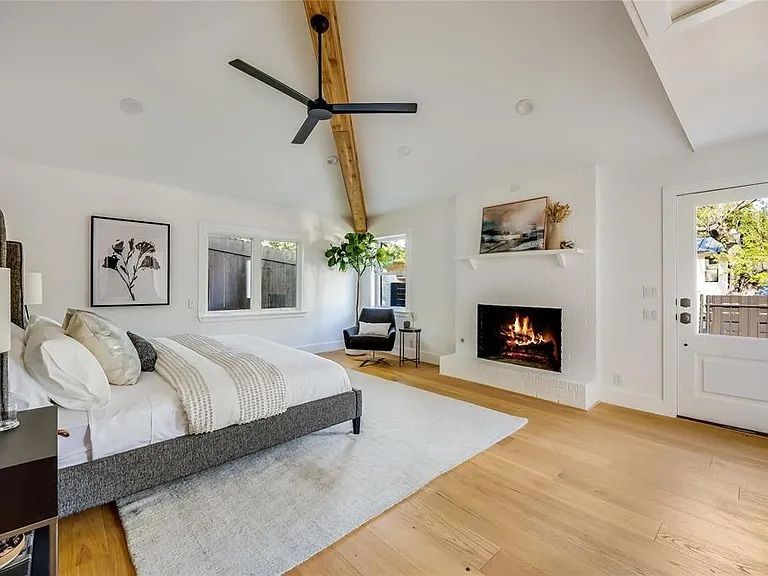 Bedroom, Fireplace, Interior, Wooden Beams, Wood Texture Flooring