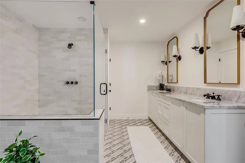 Bathroom, Dual Sink Vanities, Glass Shower, Interior, Marble, Recessed Lighting