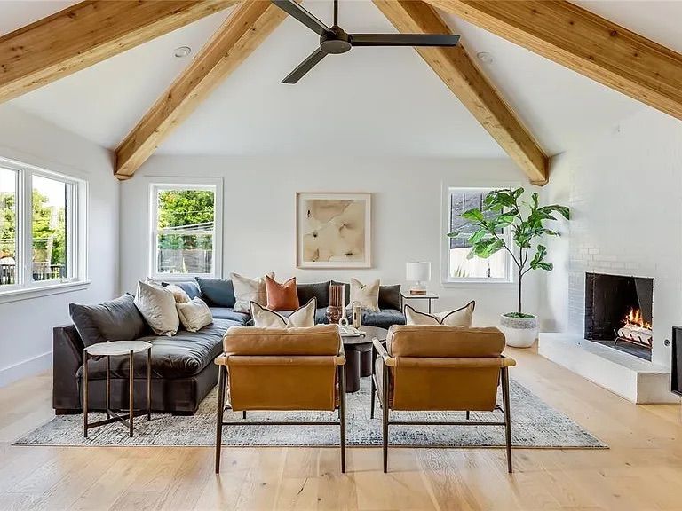 Fireplace, Interior, Living room, Wooden Beams, Wood Texture Flooring