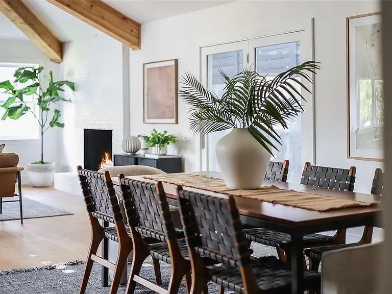 Dining room, Fireplace, Interior, Wooden Beams