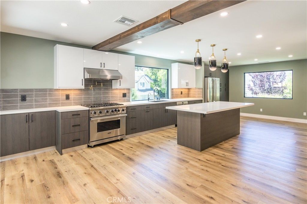 Interior, Kitchen, Pendant Lights, Recessed Lighting, Stainless Steel Appliances, Wooden Beams, Wood Texture Flooring