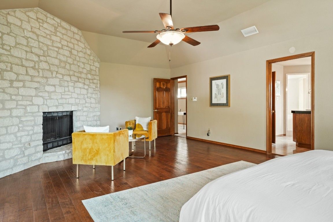 Bedroom, Fireplace, Interior, Stone Walls, Wood Texture Flooring